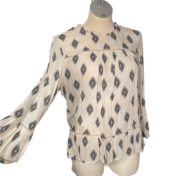 Lucky Brand Women’s Blouse Button Down Back 3/4 Sleeve Beige and Black Pattern L - Picture 3 of 7